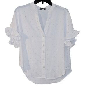 Rylee Moon White Rhinestone Ruffle Sleeve Button Down Blouse Medium NWT